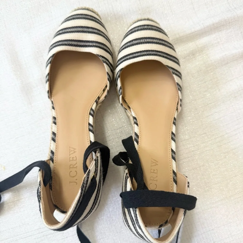 New J. Crew Size 6.5 Espadrille Wedges Ankle Wrap Black Cream Stripe Shoes